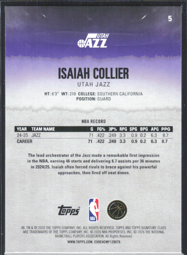 2025-26 Topps Signature Class #5 Isaiah Collier – baksida
