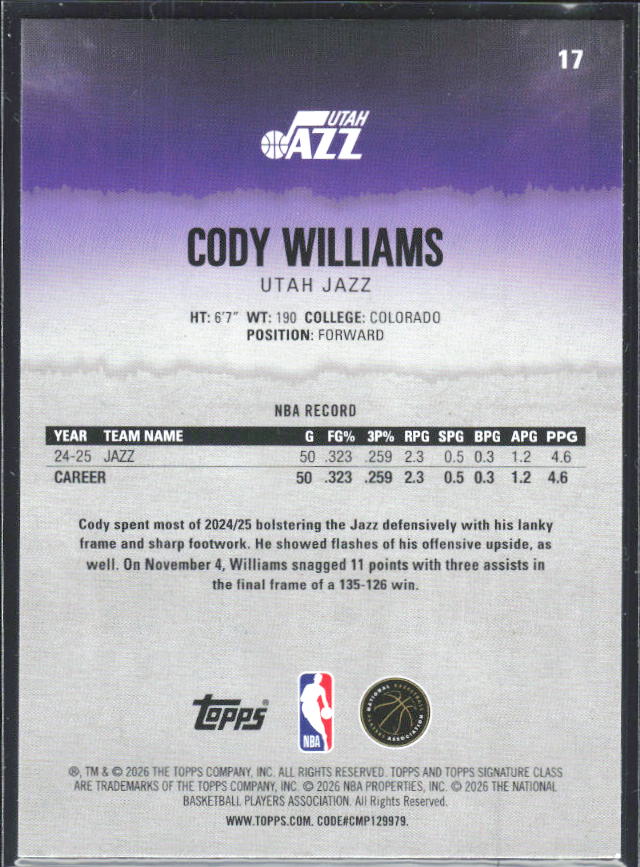 2025-26 Topps Signature Class #17 Cody Williams – baksida