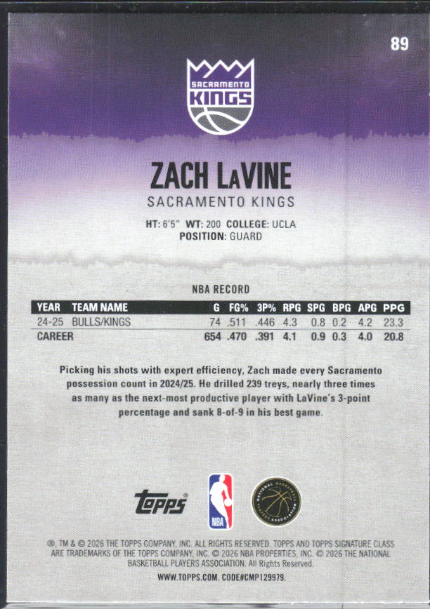 2025-26 Topps Signature Class #89 Zach LaVine – baksida