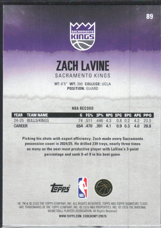 2025-26 Topps Signature Class #89 Zach LaVine – baksida