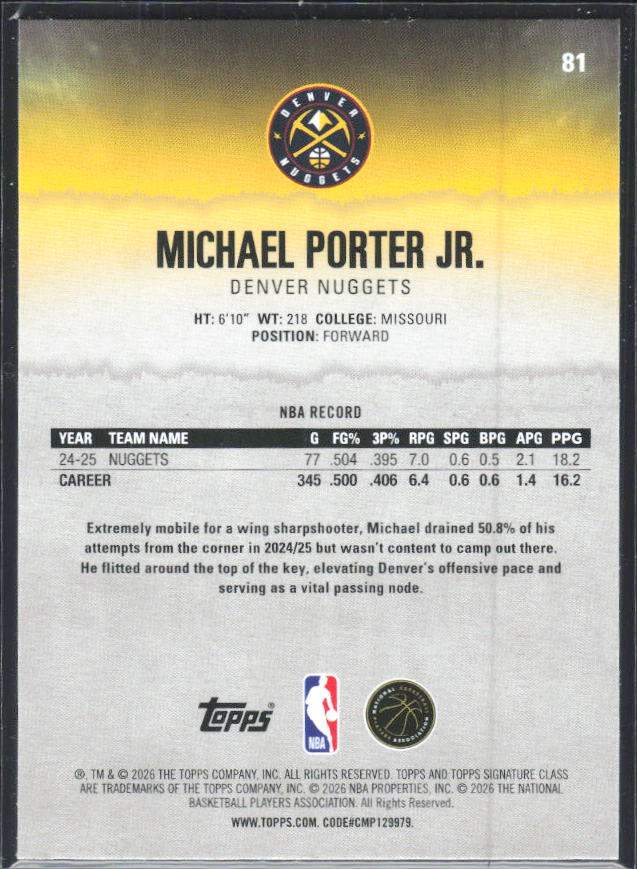 2025-26 Topps Signature Class #81 Michael Porter Jr. – baksida