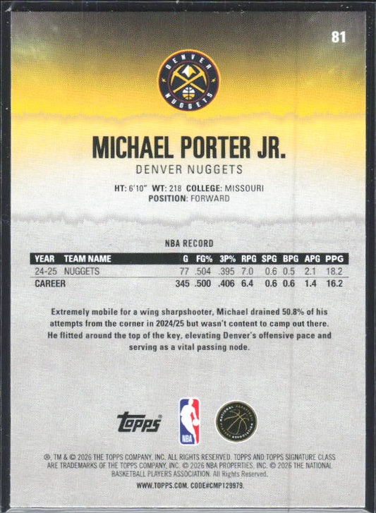 2025-26 Topps Signature Class #81 Michael Porter Jr. – baksida