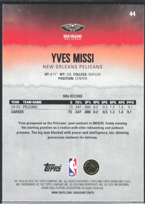 2025-26 Topps Signature Class #44 Yves Missi – baksida