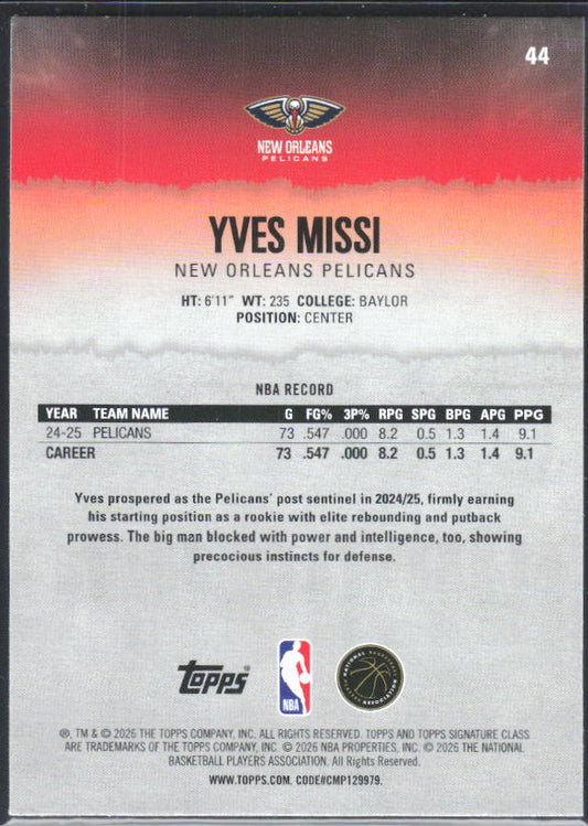2025-26 Topps Signature Class #44 Yves Missi – baksida
