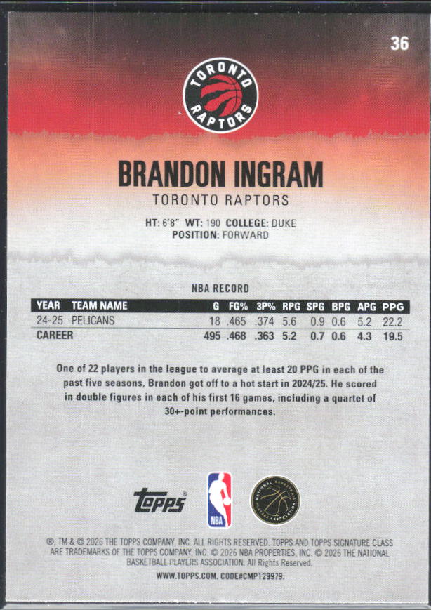 2025-26 Topps Signature Class #36 Brandon Ingram – baksida
