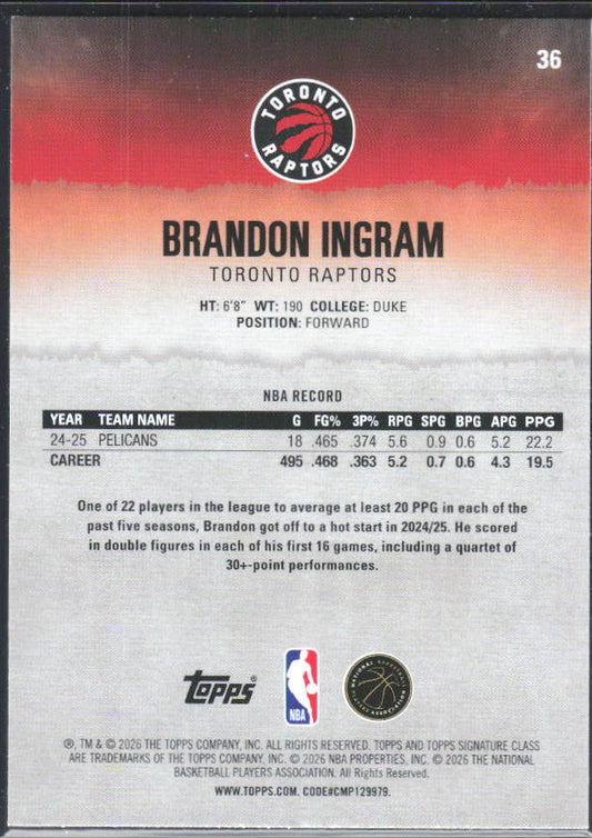 2025-26 Topps Signature Class #36 Brandon Ingram – baksida