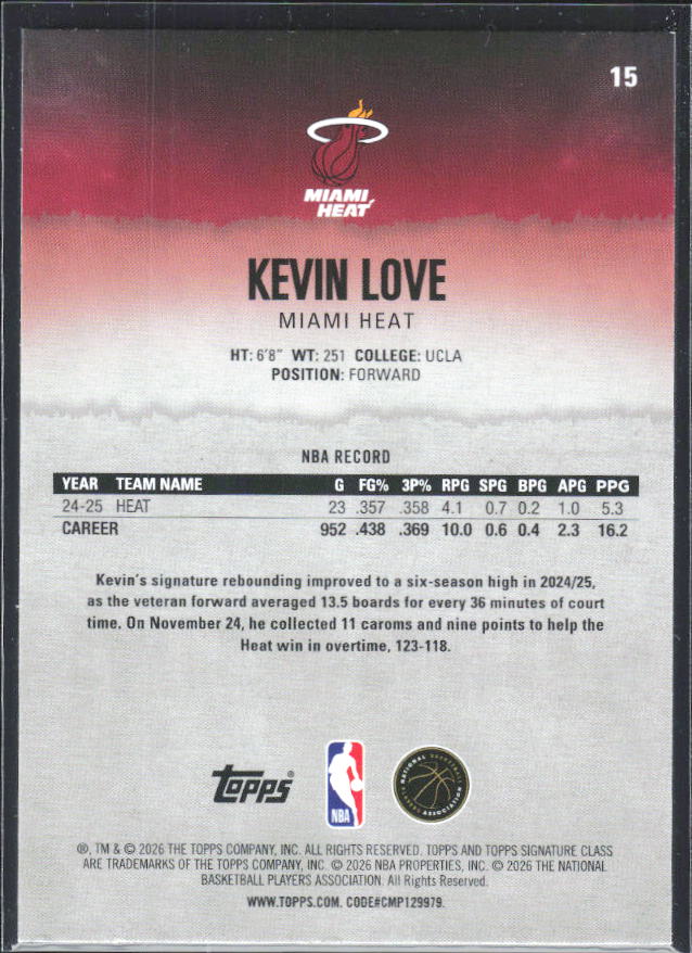 2025-26 Topps Signature Class #15 Kevin Love – baksida