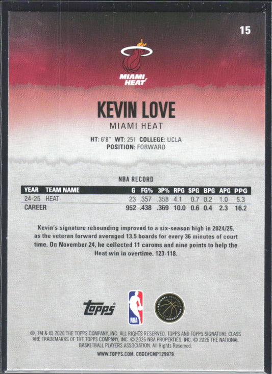 2025-26 Topps Signature Class #15 Kevin Love – baksida