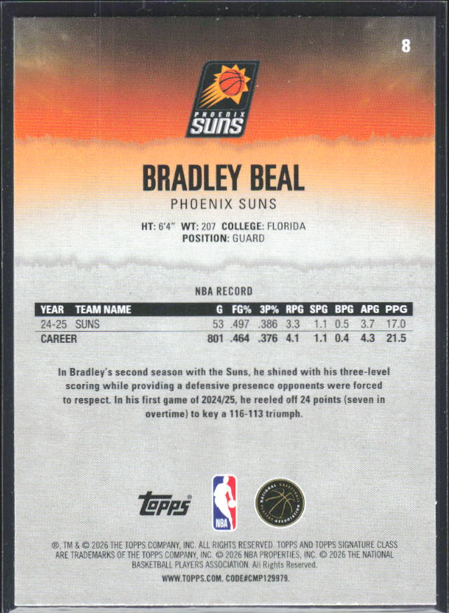 2025-26 Topps Signature Class #8 Bradley Beal – baksida