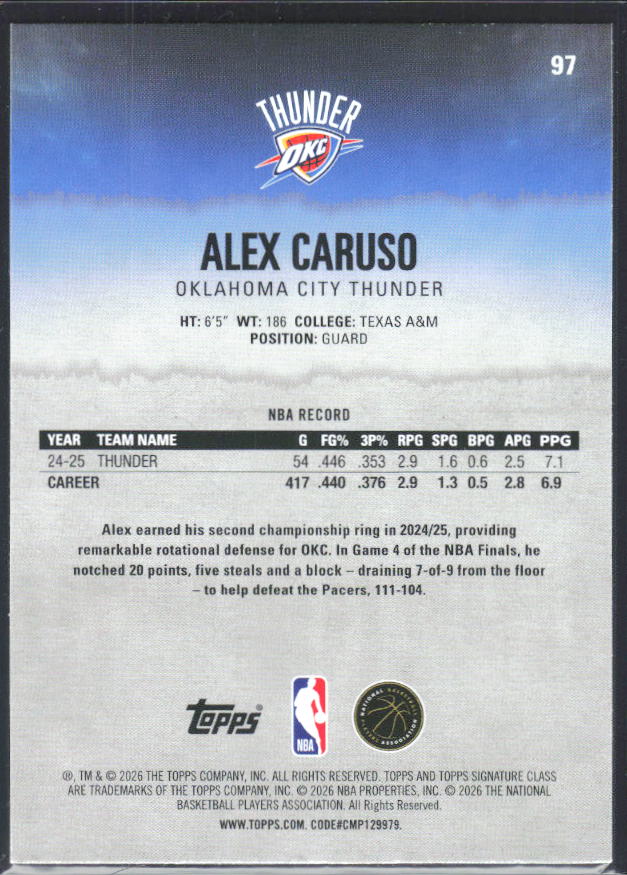 2025-26 Topps Signature Class #97 Alex Caruso – baksida