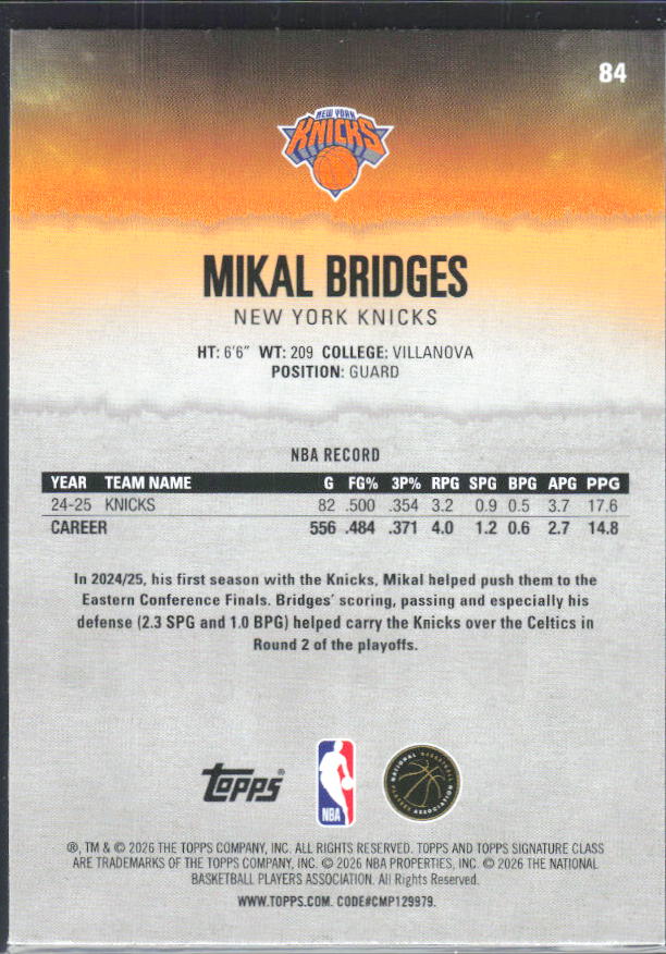 2025-26 Topps Signature Class #84 Mikal Bridges – baksida