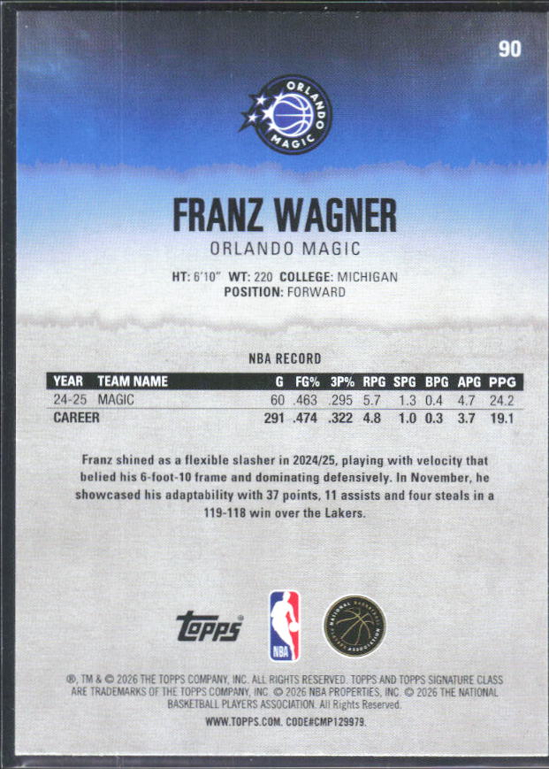 2025-26 Topps Signature Class #90 Franz Wagner – baksida
