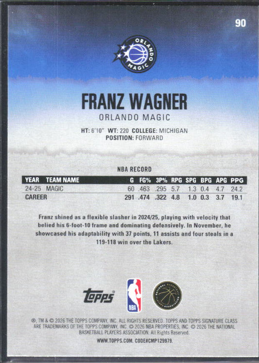 2025-26 Topps Signature Class #90 Franz Wagner – baksida