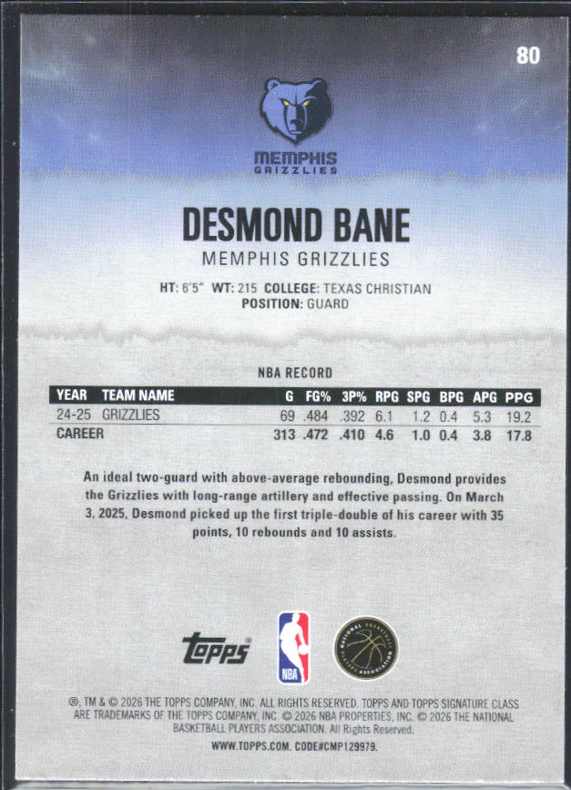2025-26 Topps Signature Class #80 Desmond Bane – baksida