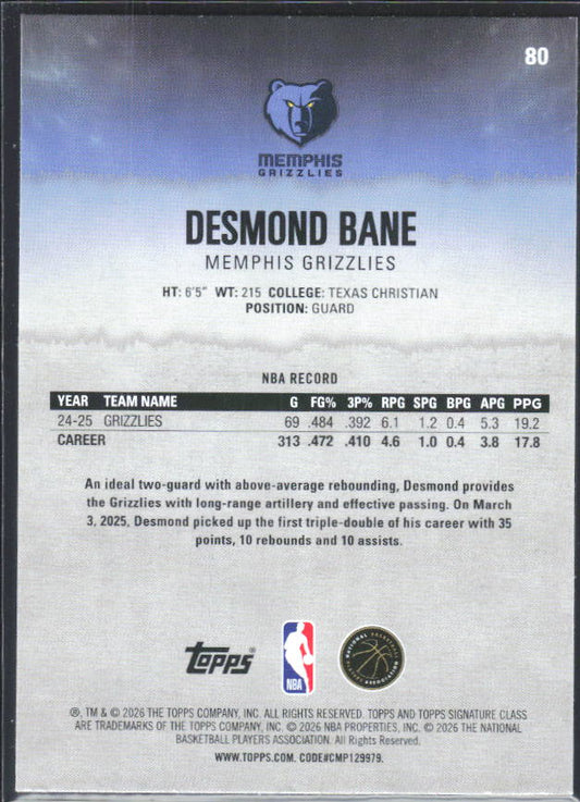 2025-26 Topps Signature Class #80 Desmond Bane – baksida
