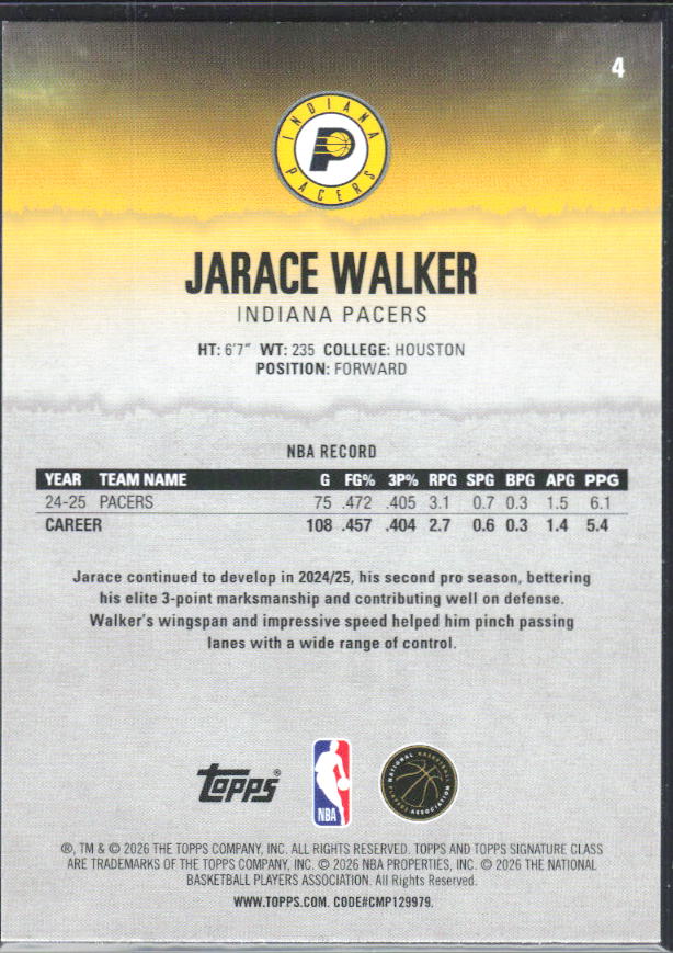 2025-26 Topps Signature Class #4 Jarace Walker – baksida