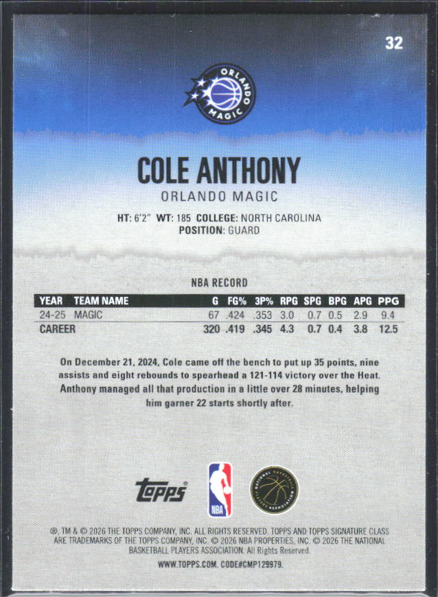 2025-26 Topps Signature Class #32 Cole Anthony – baksida