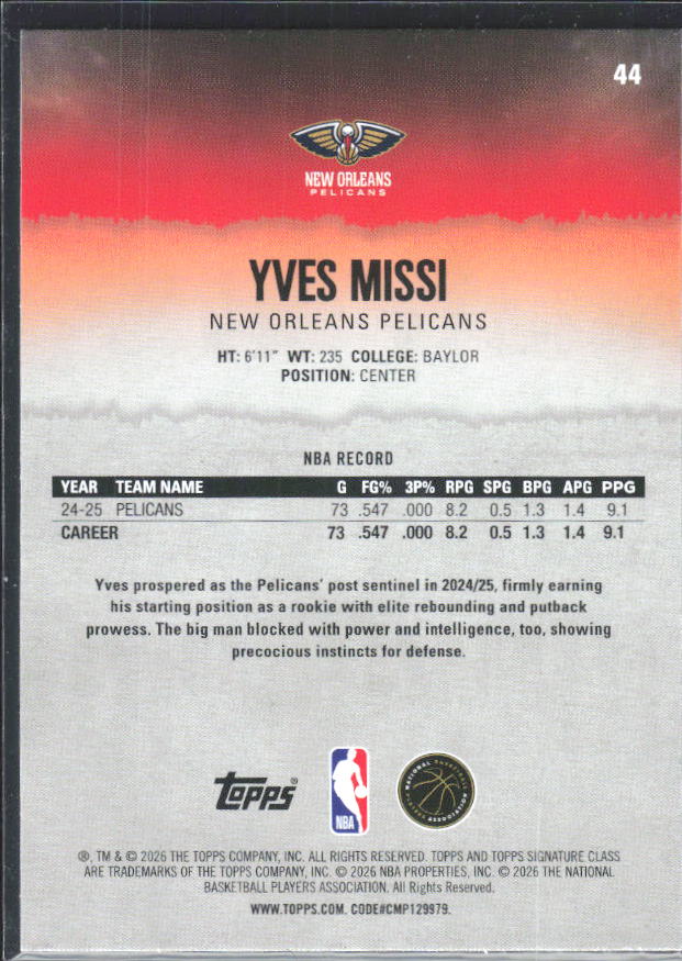 2025-26 Topps Signature Class #44 Yves Missi – baksida