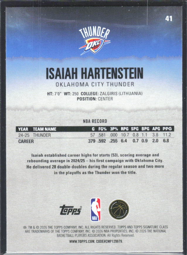 2025-26 Topps Signature Class #41 Isaiah Hartenstein – baksida