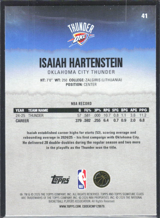 2025-26 Topps Signature Class #41 Isaiah Hartenstein – baksida