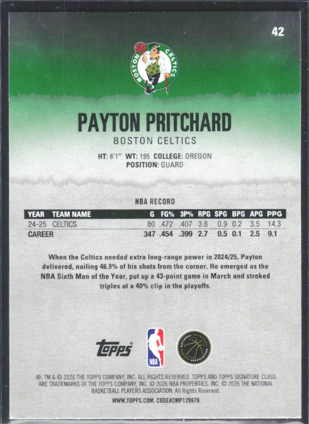 2025-26 Topps Signature Class #42 Payton Pritchard – baksida
