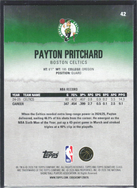 2025-26 Topps Signature Class #42 Payton Pritchard – baksida