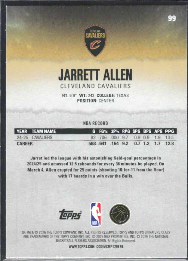 2025-26 Topps Signature Class #99 Jarrett Allen – baksida