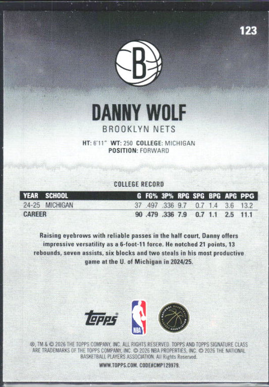 2025-26 Topps Signature Class #123 Danny Wolf RC – baksida