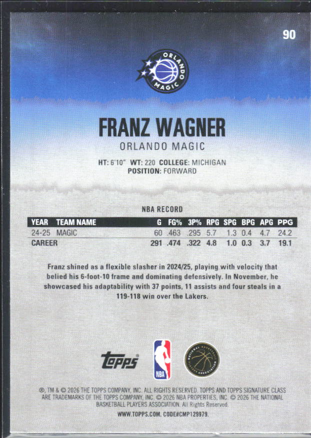 2025-26 Topps Signature Class #90 Franz Wagner – baksida