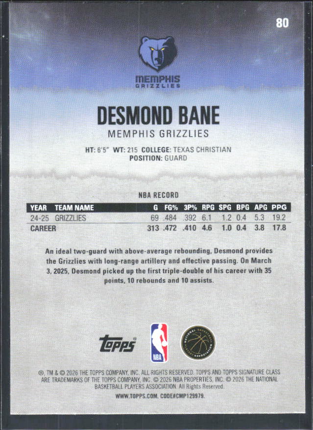 2025-26 Topps Signature Class #80 Desmond Bane – baksida