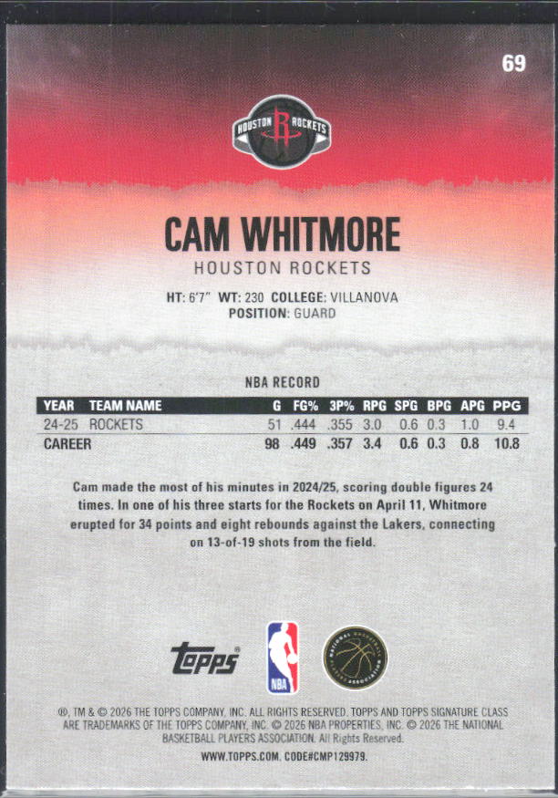 2025-26 Topps Signature Class #69 Cam Whitmore – baksida
