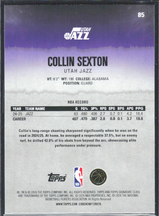 2025-26 Topps Signature Class #85 Collin Sexton – baksida