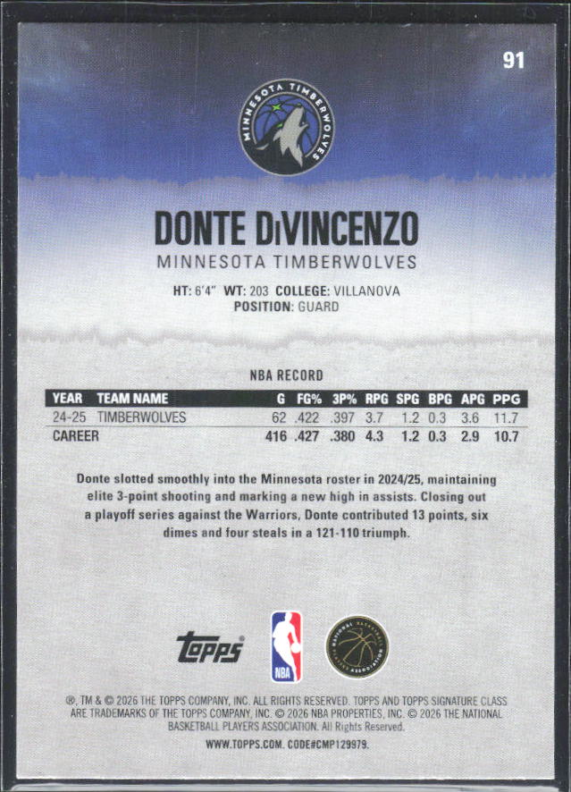 2025-26 Topps Signature Class #91 Donte DiVincenzo – baksida