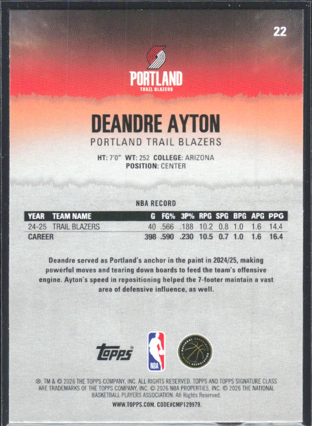2025-26 Topps Signature Class #22 Deandre Ayton – baksida