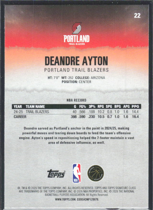 2025-26 Topps Signature Class #22 Deandre Ayton – baksida