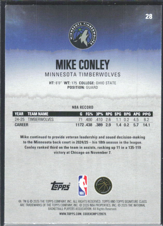 2025-26 Topps Signature Class #28 Mike Conley – baksida