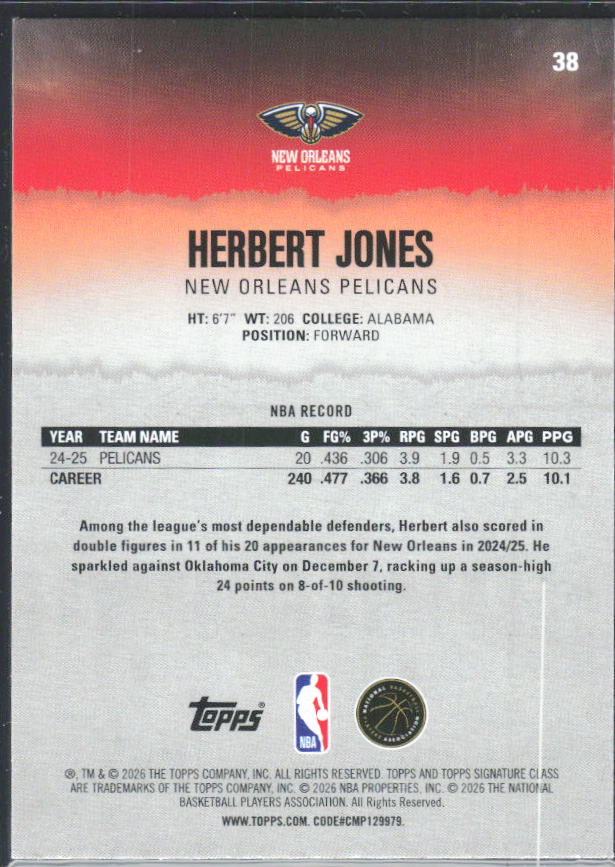 2025-26 Topps Signature Class #38 Herbert Jones – baksida