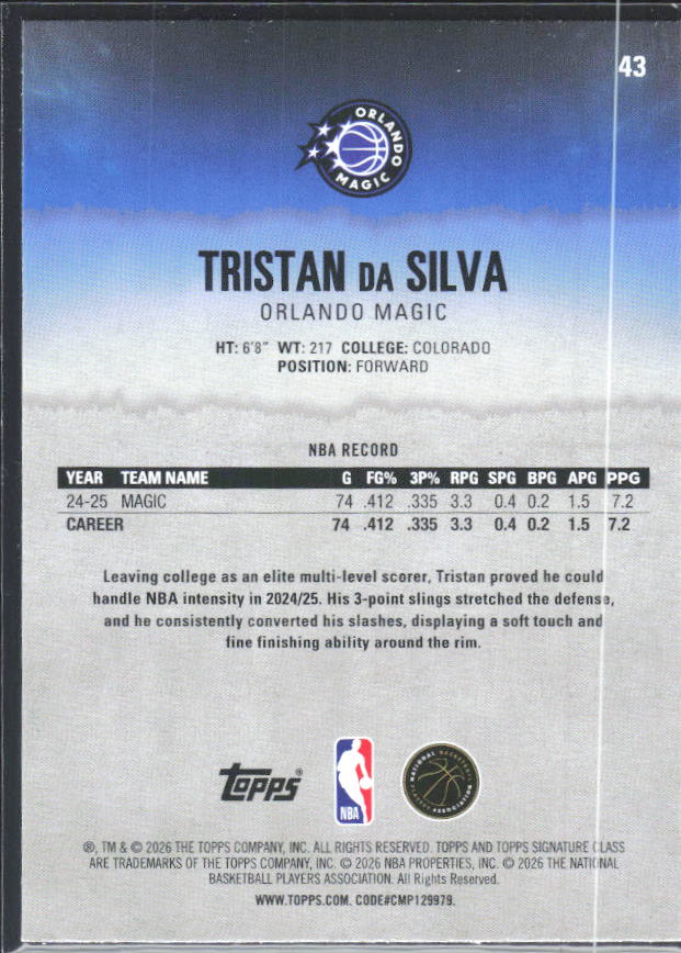 2025-26 Topps Signature Class #43 Tristan da Silva – baksida
