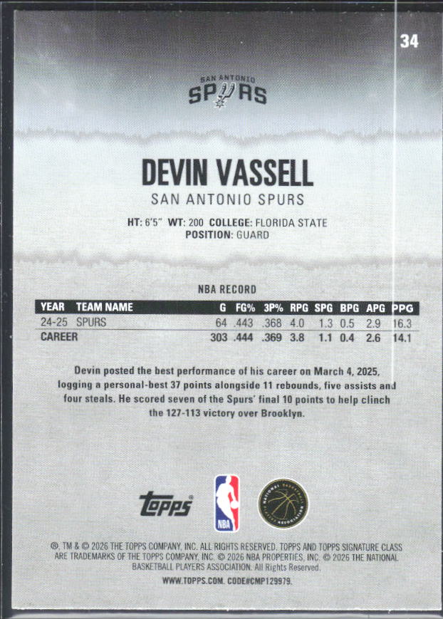 2025-26 Topps Signature Class #34 Devin Vassell – baksida