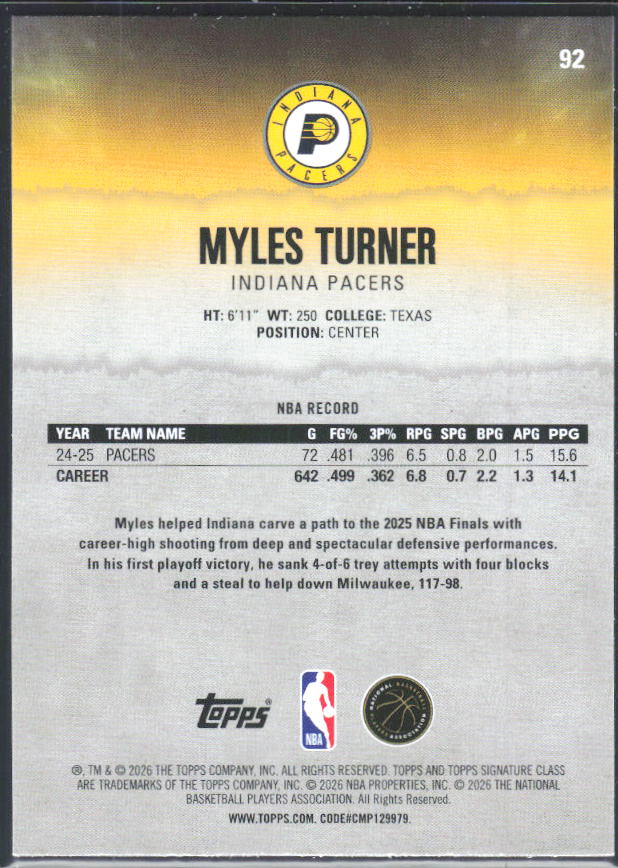 2025-26 Topps Signature Class #92 Myles Turner – baksida