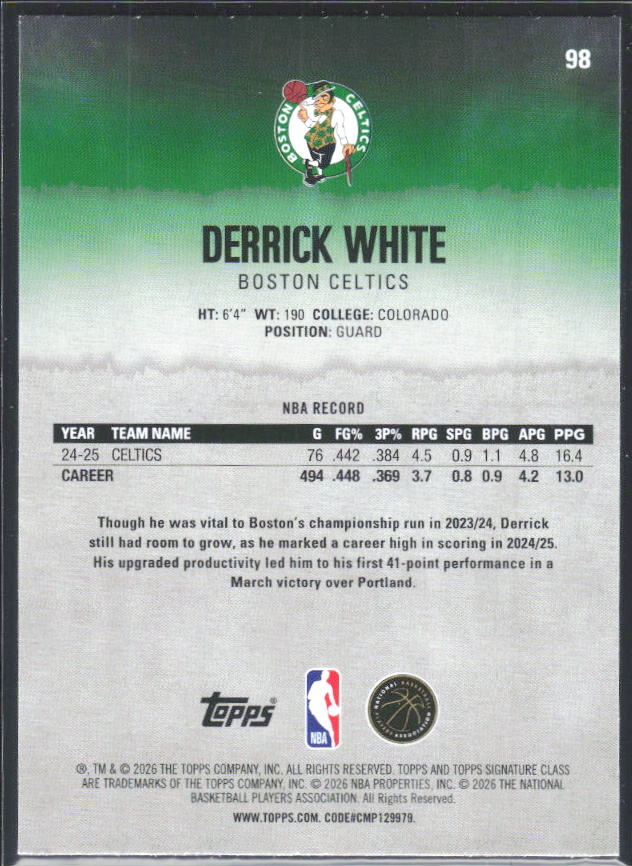 2025-26 Topps Signature Class #98 Derrick White – baksida