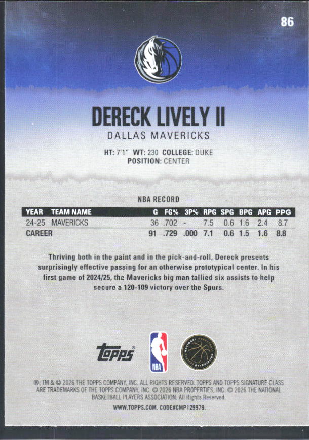 2025-26 Topps Signature Class #86 Dereck Lively II – baksida