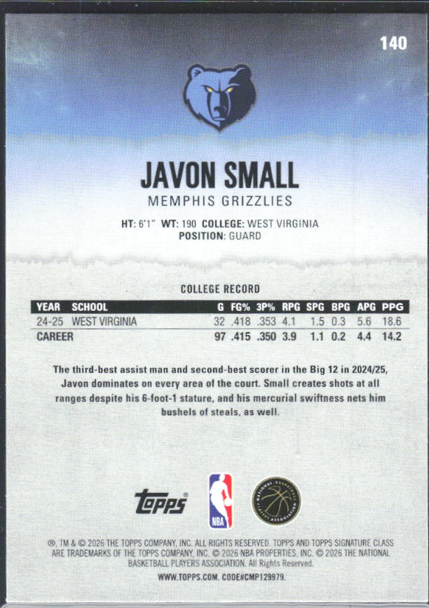 2025-26 Topps Signature Class #140 Javon Small RC – baksida