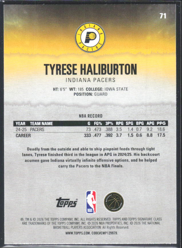 2025-26 Topps Signature Class #71 Tyrese Haliburton – baksida