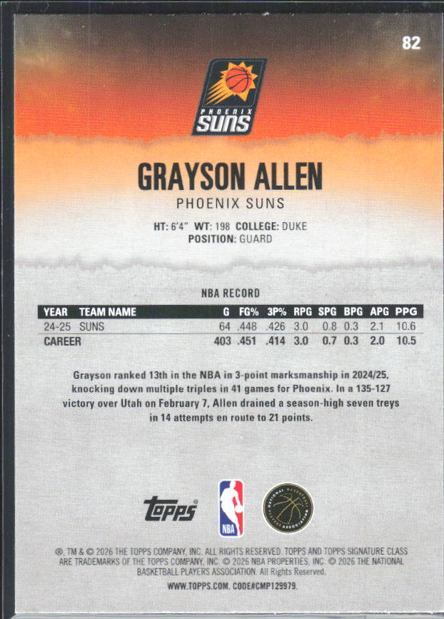 2025-26 Topps Signature Class #82 Grayson Allen – baksida