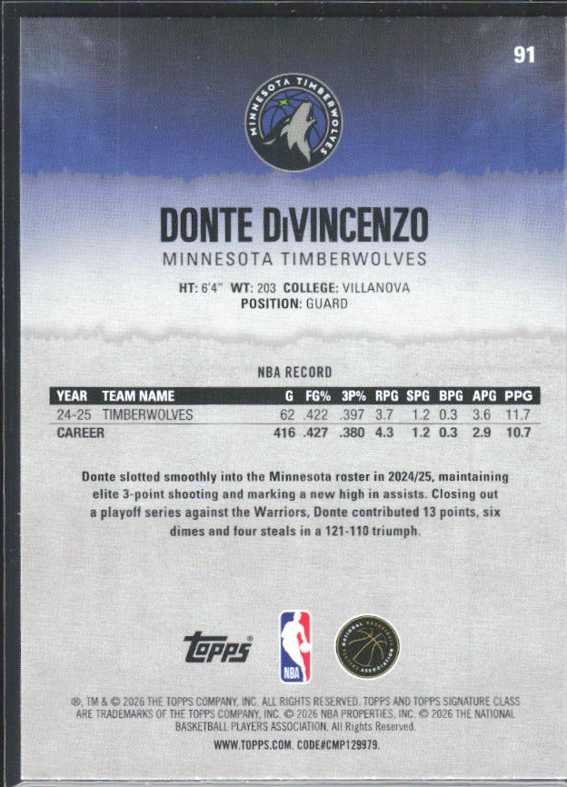 2025-26 Topps Signature Class #91 Donte DiVincenzo – baksida