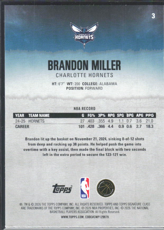 2025-26 Topps Signature Class #3 Brandon Miller – baksida