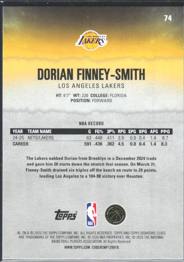 2025-26 Topps Signature Class #74 Dorian Finney-Smith – baksida