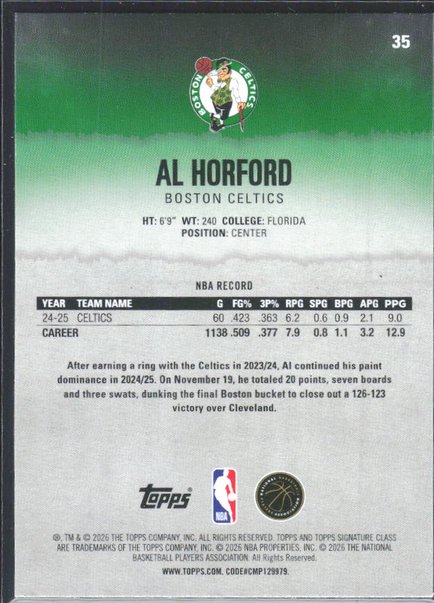 2025-26 Topps Signature Class #35 Al Horford – baksida