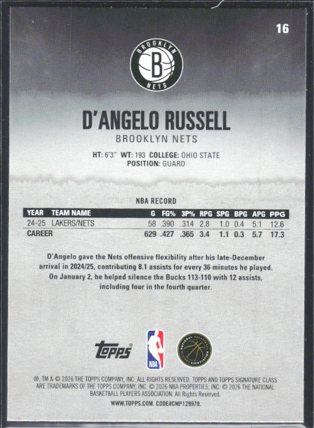 2025-26 Topps Signature Class #16 D'Angelo Russell – baksida